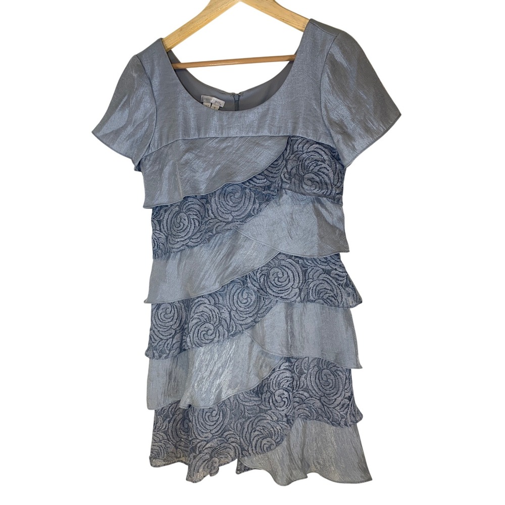Tiered rose Lace Dress 6 Cocktail icy blue Shimmer Party feminine wedding guest